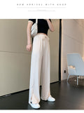 IMG 114 of Summer Thin Women Ice Silk Long Pants Korean High Waist Loose Slim Look Splitted Straight Wide Leg Casual Pants