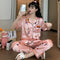 Pajamas Women Summer Silk Sets Short Sleeve Long Pants Black Bear Adorable Cartoon Korean Home Sleepwear