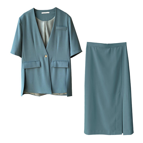 Img 5 - Sets Korean Short Sleeve Blazer Tops Splitted Skirt