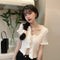 IMG 105 of Korean Bare Belly Short Ruffle V-Neck Sweater Women Outdoor Cardigan bmTops Outerwear