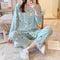 Cardigan Pajamas Women Lapel Long Sleeved Loungewear Student Sweet Look Cartoon Two-Piece Sets Sleepwear