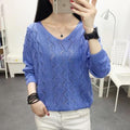 Thin See Through  Long Sleeved Short V-Neck Women Loose Tops Sweater