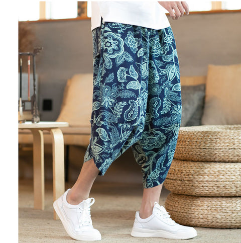 IMG 110 of Summer Oriental Cotton Blend Loose Flaxen Cultural Style Cropped Pants