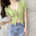Korean Bare Belly Short Ruffle V-Neck Sweater Women Outdoor Cardigan bmTops Outerwear