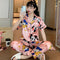 Pajamas Women Summer Silk Sets Short Sleeve Long Pants Black Bear Adorable Cartoon Korean Home Sleepwear