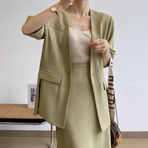Img 3 - Sets Korean Short Sleeve Blazer Tops Splitted Skirt