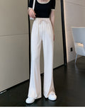 IMG 102 of Summer Thin Women Ice Silk Long Pants Korean High Waist Loose Slim Look Splitted Straight Wide Leg Casual Pants