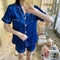 Korean ins Summer Thin Solid Colored Lapel Cardigan Women Pajamas Shorts Sets Outdoor Sleepwear