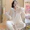 Long Sleeved Pajamas Women Cotton Round-Neck Lace Loungewear Sets Loose Plus Size Adorable Sleepwear