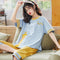 Summer Women Short Sleeve Cropped Pants Pajamas Sets Knitted Cotton Thin Loungewear Sleepwear