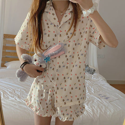 Img 1 - Adorable Bear Trendy Pajamas Women Two-Piece Sets Summer Short Sleeve Shorts Casual Student Outdoor Loungewear