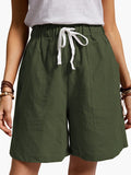 IMG 106 of Summer Cotton Blend Elastic Waist Wide Leg Pants Pocket Loose Women Casual Shorts