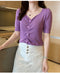 IMG 119 of Silk T-Shirt Short Sleeve Women Summer ins V-Neck High Waist French Slim Look Knitted Tops Outerwear