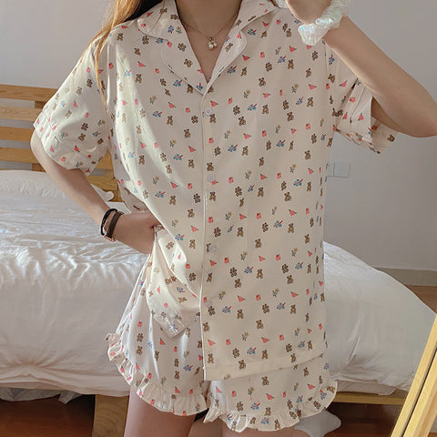 Img 2 - Adorable Bear Trendy Pajamas Women Two-Piece Sets Summer Short Sleeve Shorts Casual Student Outdoor Loungewear