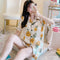 Pajamas Women Summer Silk Thin Short Sleeve Gold Printed Adorable Loungewear Sets Sleepwear