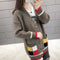 Korean Loose Mid-Length Sweater Women V-Neck Mix Colours Pocket Student Knitted Cardigan Outerwear