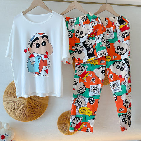 IMG 103 of Pajamas Women Korean Adorable Student Thin Short Sleeve Long Pants Three-Piece Shorts Loungewear Sleepwear
