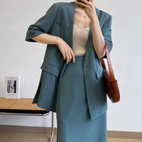 IMG 113 of Sets Korean Short Sleeve Blazer Tops Splitted Skirt Outerwear