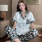 Pajamas Women Summer Silk Sets Short Sleeve Long Pants Black Bear Adorable Cartoon Korean Home Sleepwear