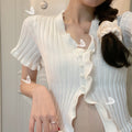 IMG 114 of Korean Bare Belly Short Ruffle V-Neck Sweater Women Outdoor Cardigan bmTops Outerwear