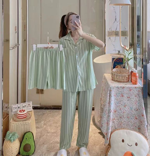 Img 3 - Pajamas Women Summer Cardigan Lapel Short Sleeve Sets Plus Size Cartoon Minimalist Casual Long Pants Loungewear Three-Piece