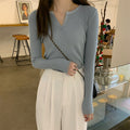 IMG 117 of Solid Colored Trendy All-Matching Fitting Undershirt Tops ins Korean Slim Look V-Neck Under Sweater Women Outerwear