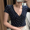 IMG 113 of Floral V-Neck T-Shirt Women Summer Slim Look Trendy Feminine Short Sleeve Tops insWomen T-Shirt