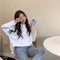College Cartoon V-Neck Sweater Women Loose Knitted Cardigan Matching White Shirt Two-Piece Sets Outerwear