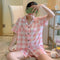 Summer Chequered Pajamas Women Short Sleeve Lapel Cardigan Korean Sweet Look Student Loungewear Cartoon Sleepwear