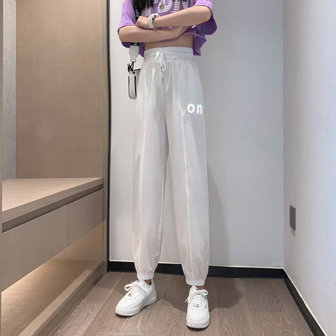 Img 4 - Quick Dry Silk Sport Pants Women Loose Jogger Summer Thin Slim Look High Waist Casual Under