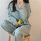 Img 2 - Japanese Chequered Pajamas Women Sleeve Length Pants Two-Piece Sets Loungewear Cozy Casual