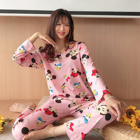 Summer Women Short Sleeve Sets Pajamas Mid-Length Cropped Pants Outdoor Loungewear Mickey Mouse Sleepwear