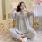 Long Sleeved Pajamas Women Cotton Round-Neck Lace Loungewear Sets Loose Plus Size Adorable Sleepwear