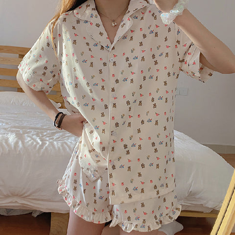 Adorable Bear Trendy Pajamas Women Two-Piece Sets Summer Short Sleeve Shorts Casual Student Outdoor Loungewear Sleepwear