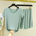 IMG 117 of Summer Ice Silk Two-Piece Sets Thin V-Neck Short Sleeve T-Shirt Slim Look Tops Drape Loose Casual Wide Leg Pants