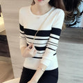 Round-Neck Sweater Women Slim Look Demure Tops Striped Long Sleeved Matching Outerwear