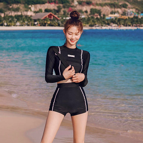 Img 1 - Sporty Two Piece Slim Look Swimsuit Women Black Long Sleeved Korean ins