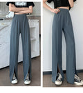 IMG 117 of Suits Women Pants High Waist Drape Loose Straight Splitted Summer Casual Floor Length Suit Wide Leg Long Pants
