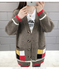 IMG 113 of Korean Loose Mid-Length Sweater Women V-Neck Mix Colours Pocket Student Knitted Cardigan Outerwear