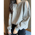 Img 2 - Zipper Bare Shoulder Sweatshirt Women Long Sleeved insLoose Solid Colored Plus Size