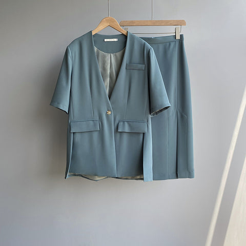 IMG 135 of Sets Korean Short Sleeve Blazer Tops Splitted Skirt Outerwear