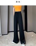 IMG 117 of Summer Thin Women Ice Silk Long Pants Korean High Waist Loose Slim Look Splitted Straight Wide Leg Casual Pants