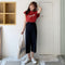 IMG 109 of Chiffon Casual Pants Three Quarter Wide Leg Women Elastic Black Slim Look All-Matching Korean Pants