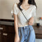 IMG 106 of Summer Korean White V-Neck Short Sleeve T-Shirt Women Slim Look Under Silk Sweater Tops T-Shirt