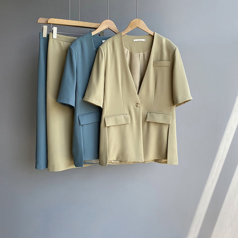 IMG 129 of Sets Korean Short Sleeve Blazer Tops Splitted Skirt Outerwear