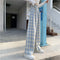 Img 4 - Chequered Pants Women Summer High Waist Slim Look Straight Wide Leg Loose Drape Casual Floor-Length