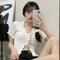 IMG 110 of Korean Bare Belly Short Ruffle V-Neck Sweater Women Outdoor Cardigan bmTops Outerwear