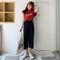 Img 3 - Chiffon Casual Pants Three Quarter Wide Leg Women Elastic Black Slim Look All-Matching Korean