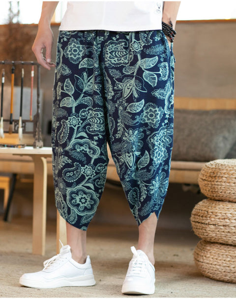 IMG 108 of Summer Oriental Cotton Blend Loose Flaxen Cultural Style Cropped Pants