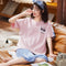 Summer Women Short Sleeve Cropped Pants Pajamas Sets Knitted Cotton Thin Loungewear Sleepwear